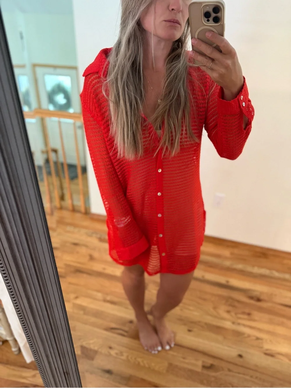 Haute Hippie Bright Red Open-Knit Button-Front Swim Coverup - Picture 1 of 5
